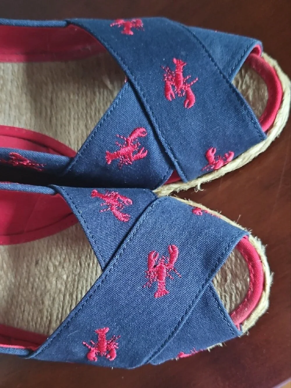 Ralph Lauren Navy Espadrille Wedge with Red Lobster Embroidery